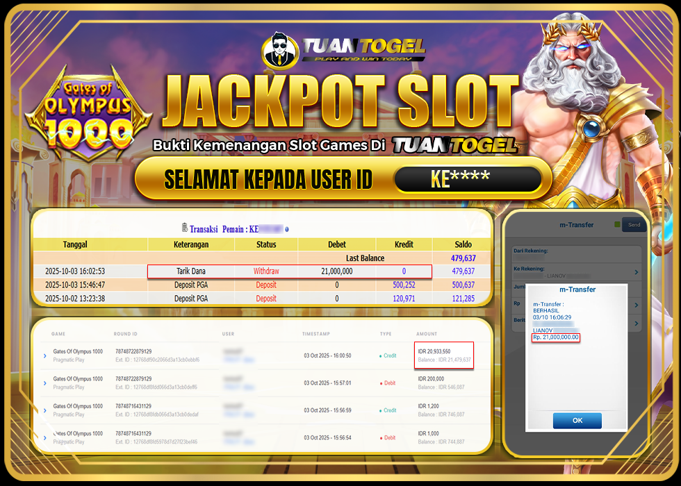 TUANTOGEL JACKPOT SLOT GATES OF OLYMPUS 1000Rp21.000.000,- LUNAS